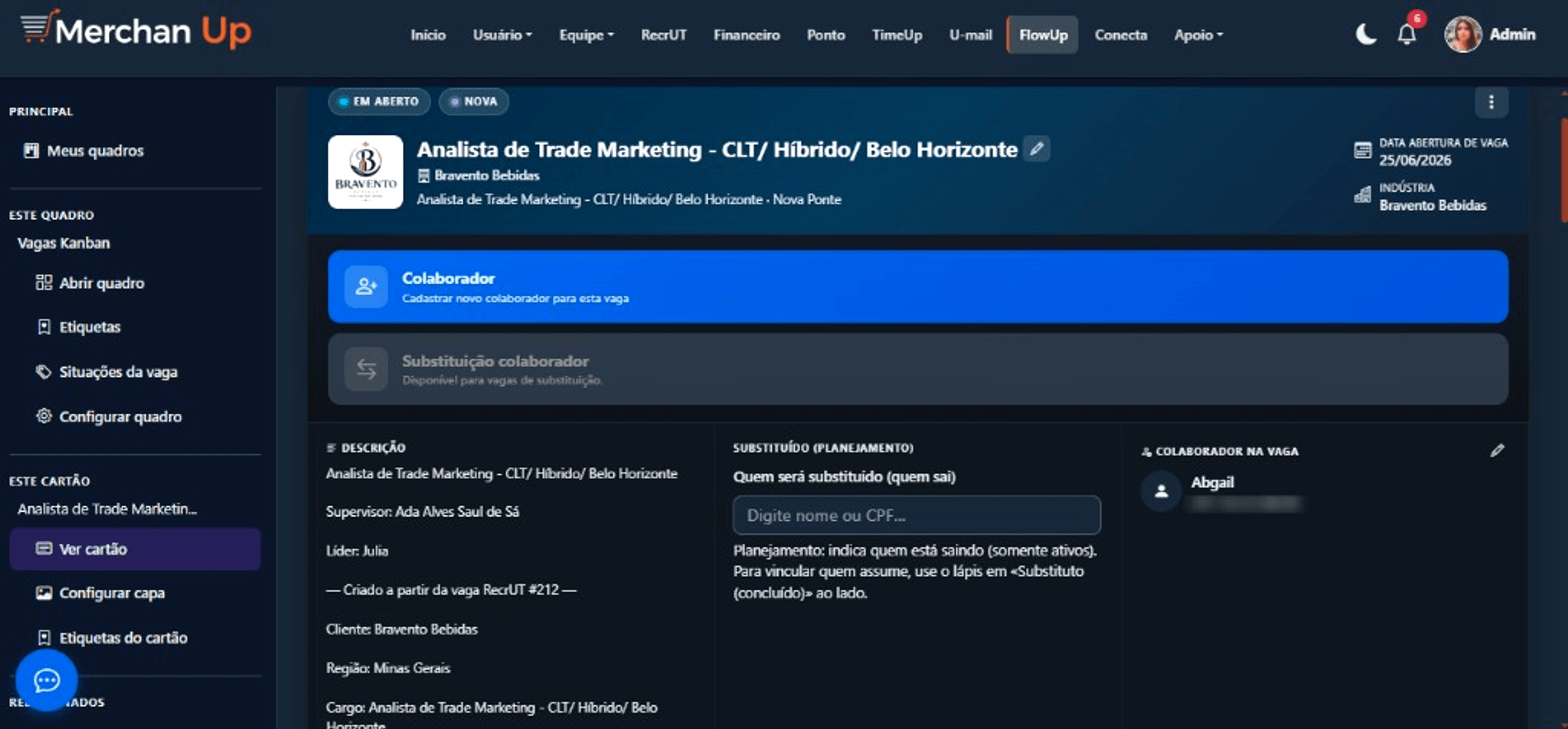 UniFlow — ficha do cartão de vaga com cadastro de colaborador e planejamento