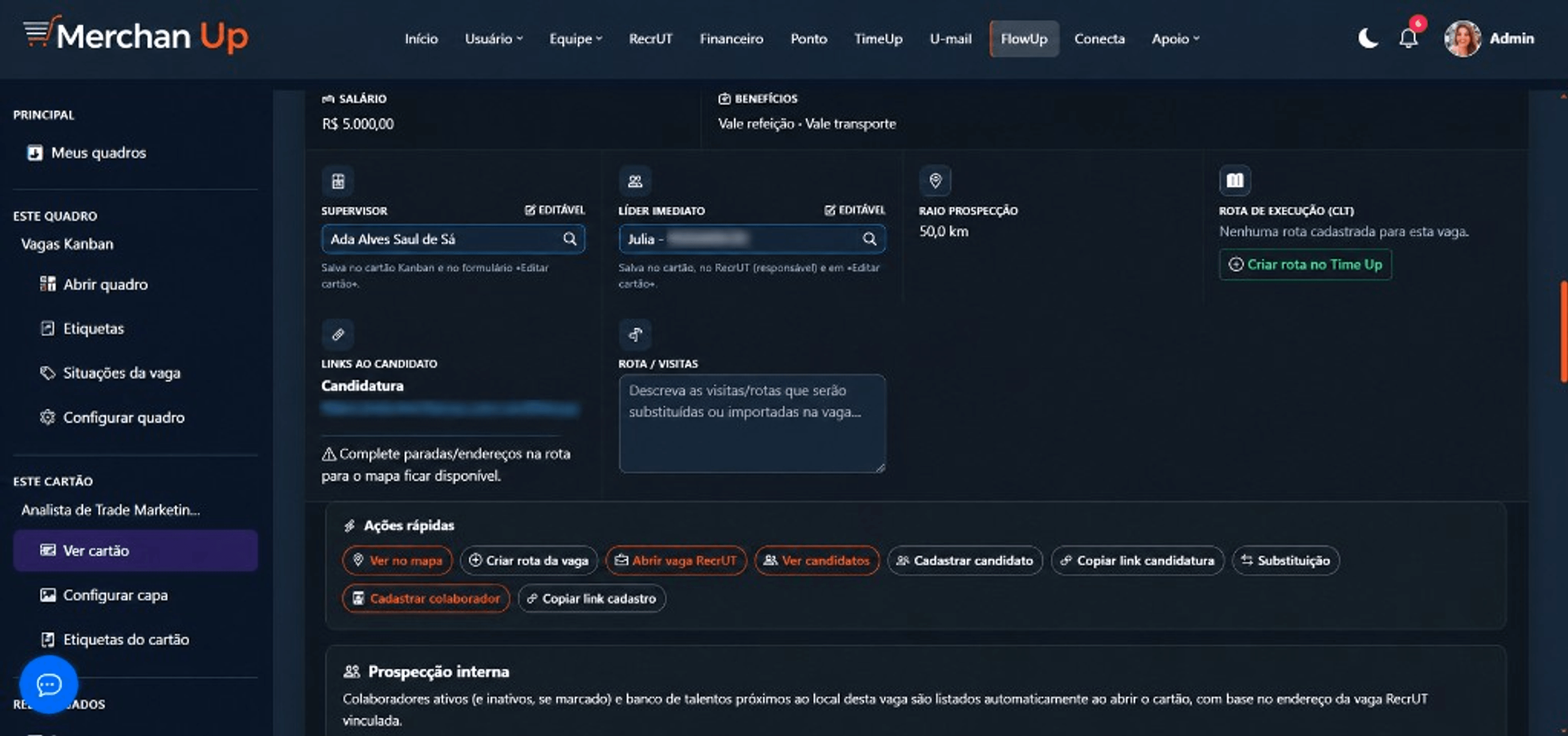 UniFlow — ações rápidas, rotas da gestão de visitas e links de candidatura e cadastro