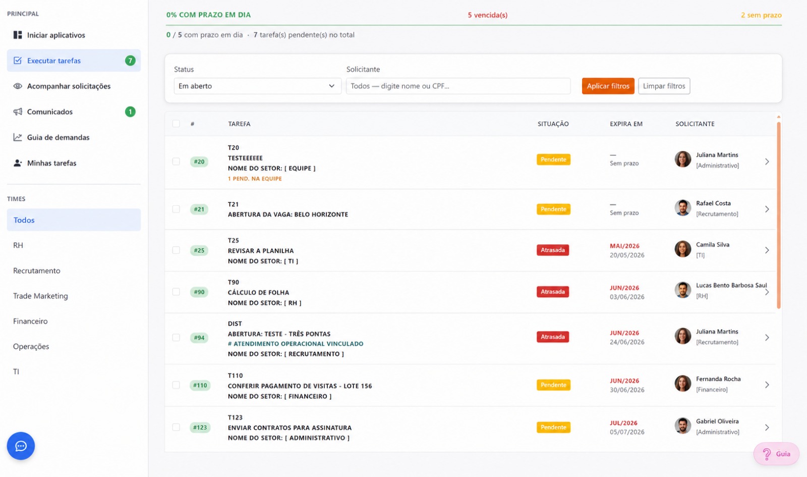 Gestor de tarefas individuais com acompanhamento de status e prazos