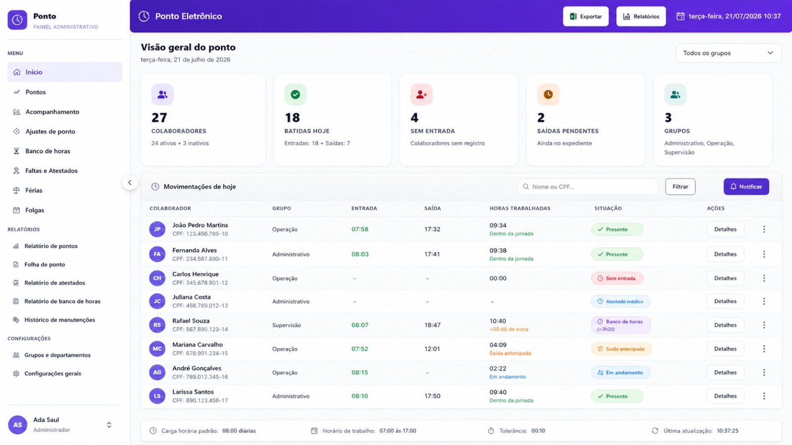 Ponto digital — registro de jornada e gestão de batidas