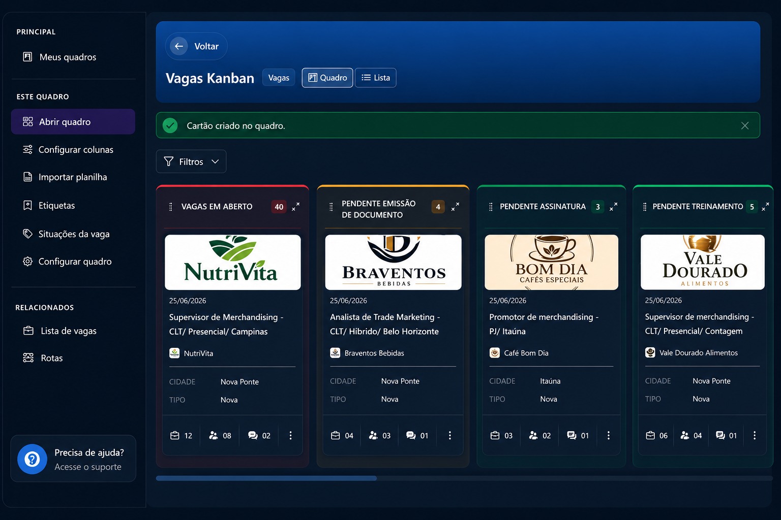Vagas Kanban no UniFlow com colunas de status e cards de vagas
